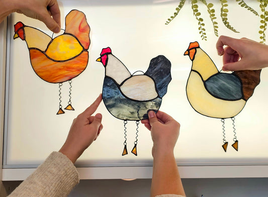Feather & Frond: Stained Glass Hens & Monstera Leaves
