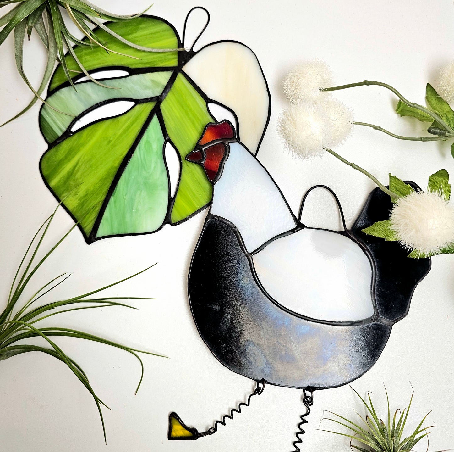 Feather & Frond: Stained Glass Hens & Monstera Leaves