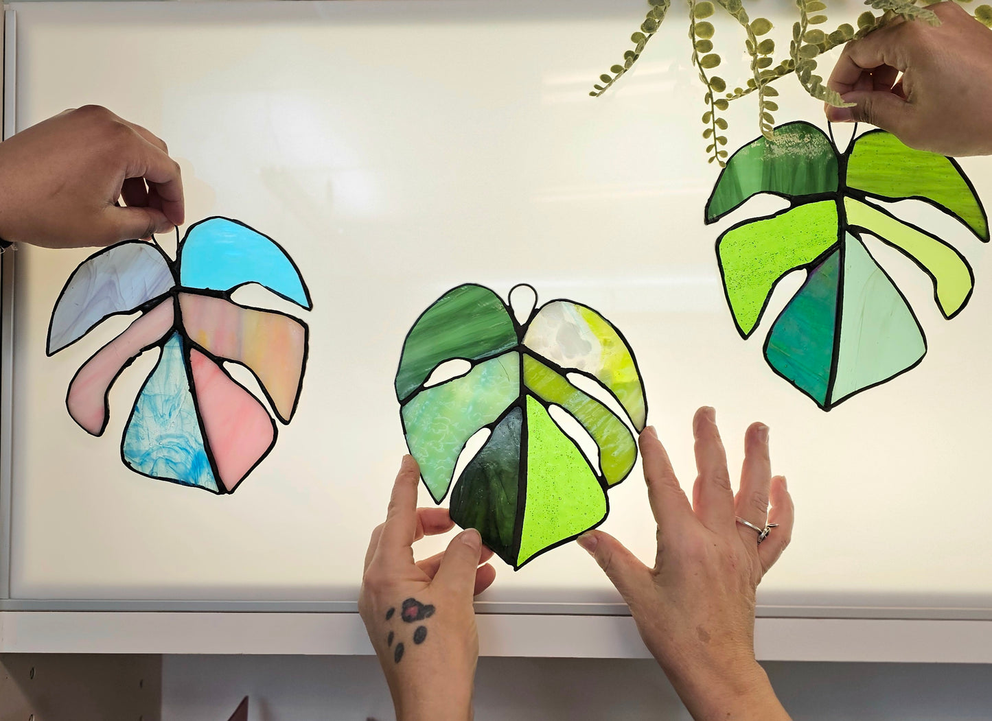 Feather & Frond: Stained Glass Hens & Monstera Leaves